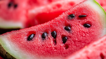 A cross-section of a watermelon with seeds Macro shot of a watermelon slice, highlighting the tiny black seeds scattered across the bright red flesh.
