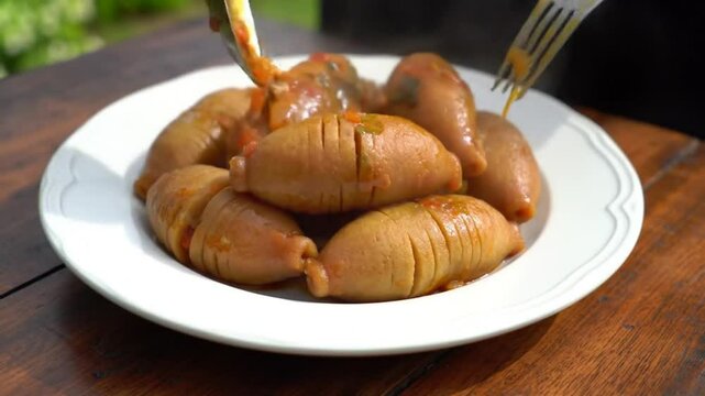 Delicious Panuchos Garnished with Tomato Sauce Served on White Plate Set On Rustic Wooden Table