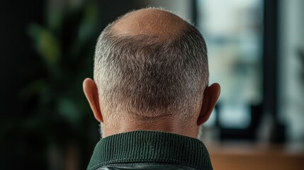 A man with a bald head is sitting in a chair