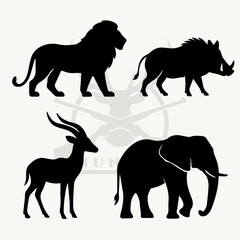 Hunting Silhouettes of African Wildlife Lion, Elephant, Antelope