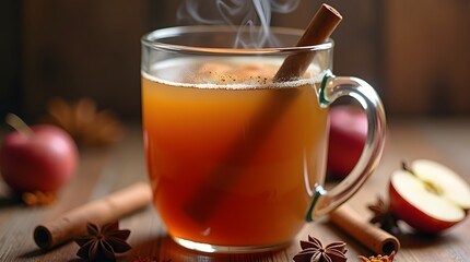 A steaming cup of spiced apple cider with a cinnamon stick, surrounded by fresh apples and spices.