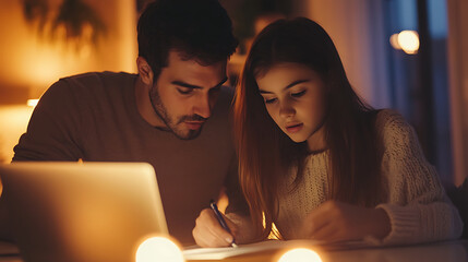 Father helping daughter with homework warm lighting focused expressions cozy atmosphere evening study session laptop on table writing notes educational support family bonding learning together