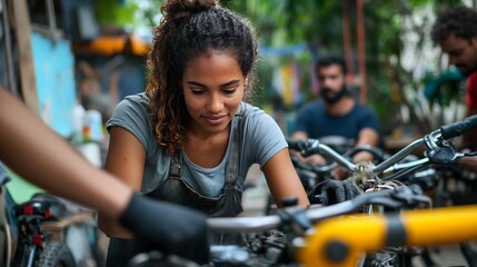 Community repairing bicycles together a street workshop multicultural scene promoting mechanical equality