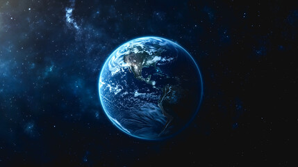 Naklejka premium La scène montre la Terre flottant dans le vide de l'espace, entourée de galaxies et d'étoiles scintillantes. Cette perspective unique révèle la beauté de notre planète vue de l'extérieur.
