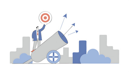 self motivation to improve and boost business growth determination to victory challenge and ambition concept confidence businessman ignite the cannon to launch himself flying high to reach target