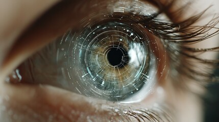 Futuristic Digital Eye Interface Technology Abstract Closeup Vision data iris teal blue dark human pupil green light    