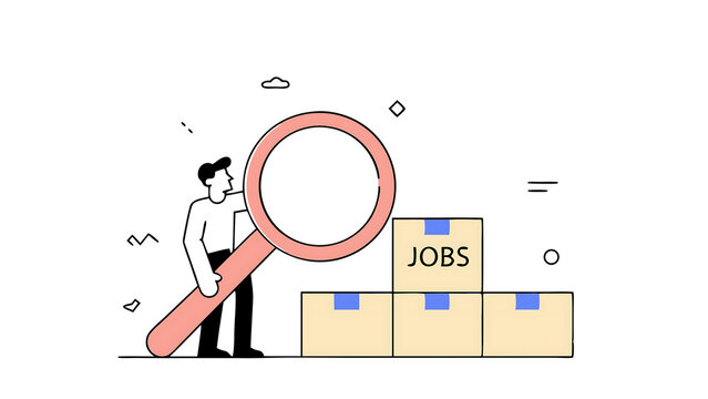 searching for jobs recruitment or opportunity for candidate to finding right work and employer smart unemployed businessman using magnifying glass to looking at stack of boxes with the word jobs