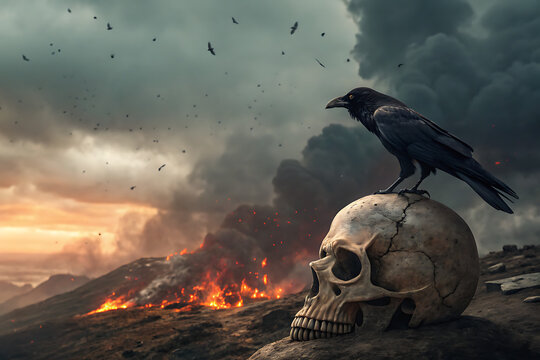 Raven on Skull in Apocalyptic Sky: A solitary raven perches atop a human skull amidst a backdrop of swirling smoke and fire, symbolizing death, mystery,  AI Generated By JPGE