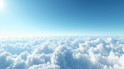 Fototapeta premium Above the clouds, a vast expanse of fluffy white clouds stretches out under a vibrant blue sky
