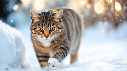 Un chat tacheté explore un paysage enneigé, ses pattes laissant des traces dans la neige. La lumière dorée illumine la scène paisible de cet après-midi d'hiver.