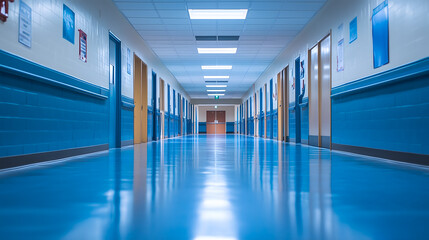 Fototapeta premium Un couloir d'hôpital bien éclairé montre des portes de chambres et un sol brillant. L'environnement est propre et apaisant, convenant à un espace médical.