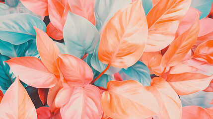 Vibrant philodendron leaves in mix of pastel colors, showcasing beautiful solarized effect that enhances their natural beauty and texture