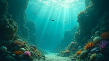 Obraz premium Vibrant underwater scene showcasing colorful coral reefs and diverse marine life in serene blue waters.