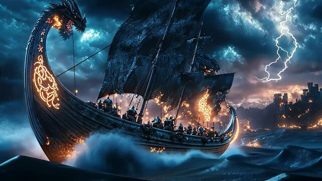 Viking Longship Raiding Coastal Village at Night - Dramatic Fantasy Illustration of Nordic Warriors and Fire.