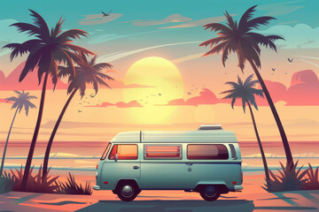 Vintage camper van enjoying tropical sunset on beach, embracing wanderlust and freedom