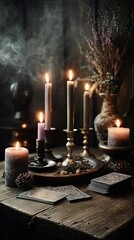 A dark and mysterious setting with candles, herbs, tarot cards, and a witchy vibe, creating a moody