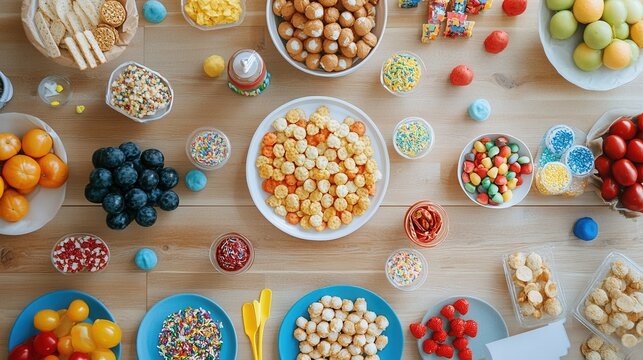 Girl enjoys a vibrant celebration with a colorful array of snacks at a garden party in the afternoon sunlight surrounded by friends