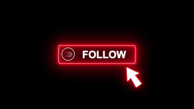 Glowing neon red color white text cursor animation pointing towards follow button in looping with transparent background.
