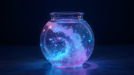 A mesmerizing glass fishbowl filled with swirling cosmic colors and stars, creating a dreamlike atmosphere.