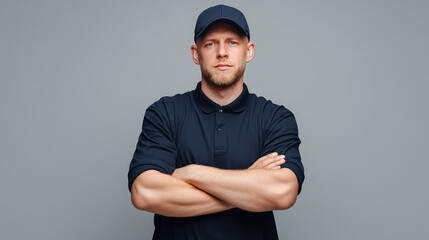 Confident Man Portrait Studio Shot Professional Strong Male Model Wearing Black Polo Shirt and Cap arms grey team neat  
