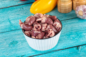 Raw chicken hearts for cooking