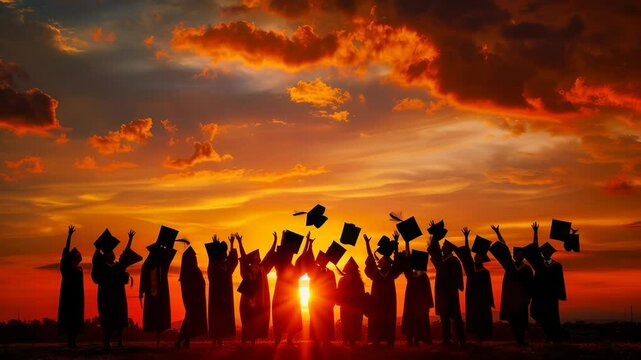 A silhouette of graduates in academic regalia joyfully tossing their caps into the air during sunset. Celebrating their success, the scene embodies dreams, new beginnings, and academic achievement.