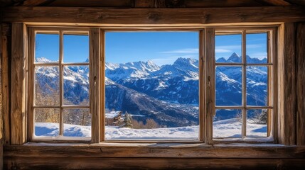 Mountain view from rustic cabin window, snowy landscape