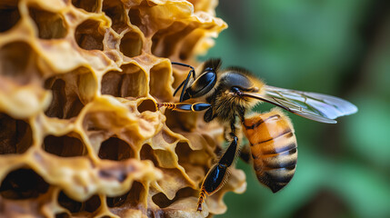 Un insecte pollinisateur se déplace sur une ruche, extrait du nectar puis le dépose dans une alvéole. L'activité se déroule en plein été, entourée de verdure.