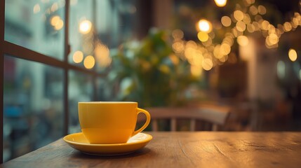 Warm Yellow Coffee Cup on Wooden Table Cozy Cafe Ambiance Evening Lights Relaxing Hot Drink Steam mug food home calm    
