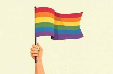 Fototapeta premium Hand holding rainbow pride flag against neutral background for lgbtq+ symbolism and diversity. A non-binary person