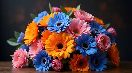 A vibrant bouquet of colorful flowers featuring blue, pink, orange, and purple hues, conveying joy and celebration.