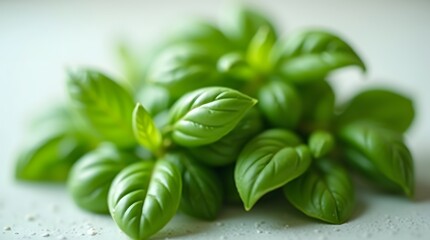 Obraz premium Fresh green basil leaves arranged beautifully, showcasing their vibrant color and texture.