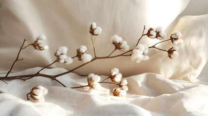 Une branche de coton avec des boules blanches repose sur un tissu de lin crémeux. Les rayons du soleil illuminent doucement la scène, créant une atmosphère apaisante.