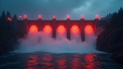 Glowing Digital Warning Signals Over Water Control System – Background for Crisis Presentations