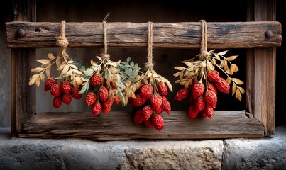 Red fruit harvest hangs in rustic window