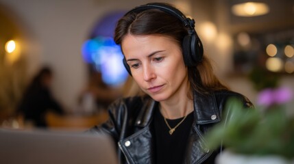 Fototapeta premium Focused woman typing in cafe with headphones for work or study