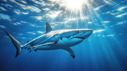 Fototapeta premium Great white shark swimming ocean sun rays