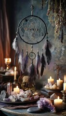 A dreamcatcher adorned with moon and star motifs, surrounded by crystals and candles in an ethereal
