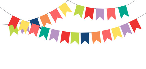 Obraz premium Bunting, little flags hanging on string, festive decorations, garland, isolated vector illustration. Birthday party, holiday celebration, festival, carnival, anniversary, Festa Junina design element