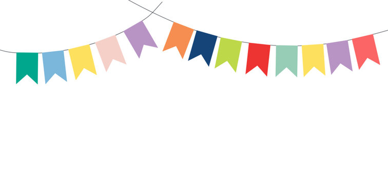 Bunting, little flags hanging on string, festive decorations, garland, isolated vector illustration. Birthday party, holiday celebration, festival, carnival, anniversary, Festa Junina design element