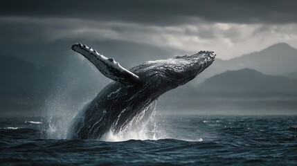 Naklejka premium Whale breaches sea surface, dark stormy clouds backdrop