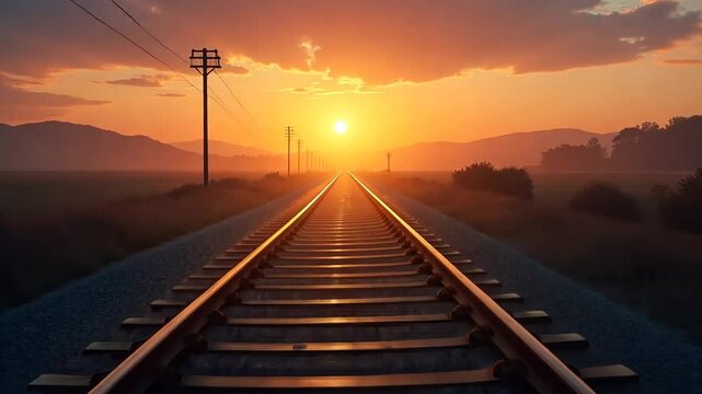 Sunset Train Tracks with a Distant Train
