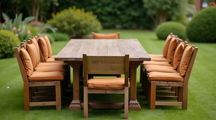 Obraz premium A wooden dining table surrounded by comfy orange-cushioned chairs, set in a lush garden.
