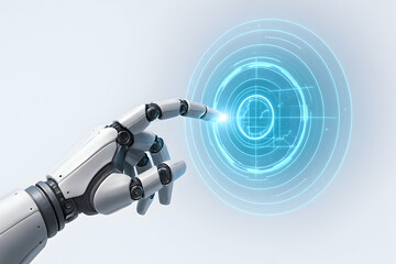 Futuristic robot hand interacting with technology.