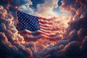 A dramatic American flag waves among vibrant, colorful clouds, illuminated by glowing light and evoking a sense of patriotism and awe.