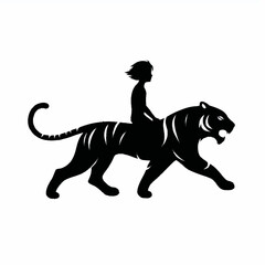 Obraz premium Flat black vector silhouette of a boy riding on the back of a tiger,