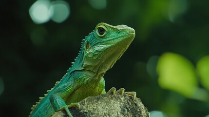 Green lizard perched on rock, jungle background, nature wildlife