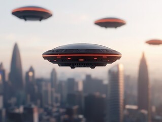 Fototapeta premium Futuristic flying saucers hover above a modern city skyline at sunset, blending sci-fi technology with urban architecture.