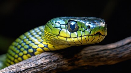 Green snake on branch, dark background, reptile closeup