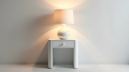 A minimalist white nightstand with a soft-lit lamp, creating a serene ambiance.